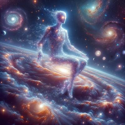 The primary subject of the image is a person, possibly a man or a woman, sitting on a cloud. The setting is a space environment, with the person surrounded by stars and planets. The visual style is digital art, as the person is depicted in a surreal and celestial manner. The colors and mood of the image are predominantly blue and purple, creating a serene and dreamy atmosphere.